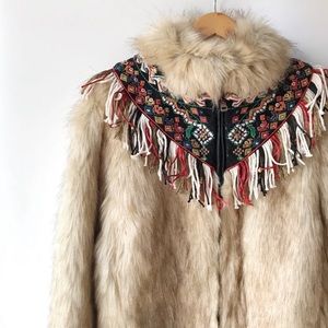 Zara Faux Fur NWT Embroidered Boho Fringe Jacket